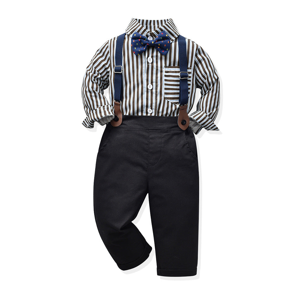 Japanese and korean boyssuitpopularstripeslong sleevesshirtchildren's clothingtrendykidsautumnew arrivaldungareesgentleman's dress