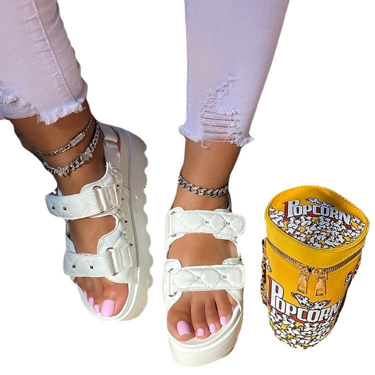 Women's new arrival rivet & plaid platform sandals - european style, plus size, one-strap hook & loop closure, roman sandals