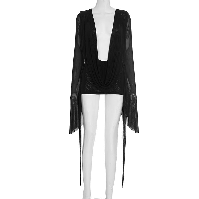 Export fashion cross-border women's net mesh swing collar large sleeves backless a-line short sleeve sexydress vacation style summer