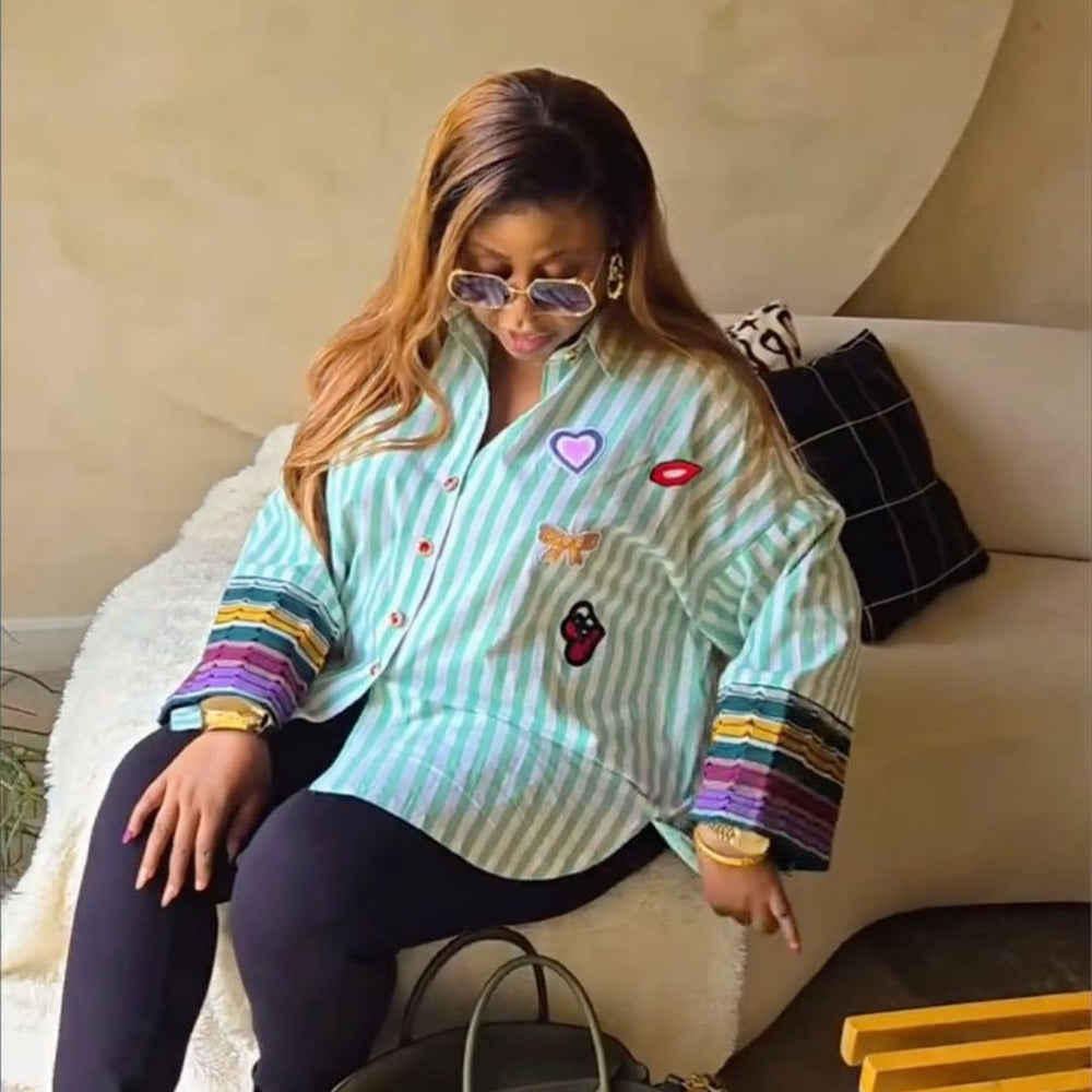 European and american cross-border women's clothing:  summer new arrivals - fashionable, designer, unique, turn-down collar, loose fit, plus size striped shirt