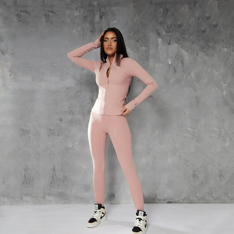 European and american cross-border  autumn solid color zip-up stand collar activewear set - trendy fashion workout yoga outfit (jacket & pants)