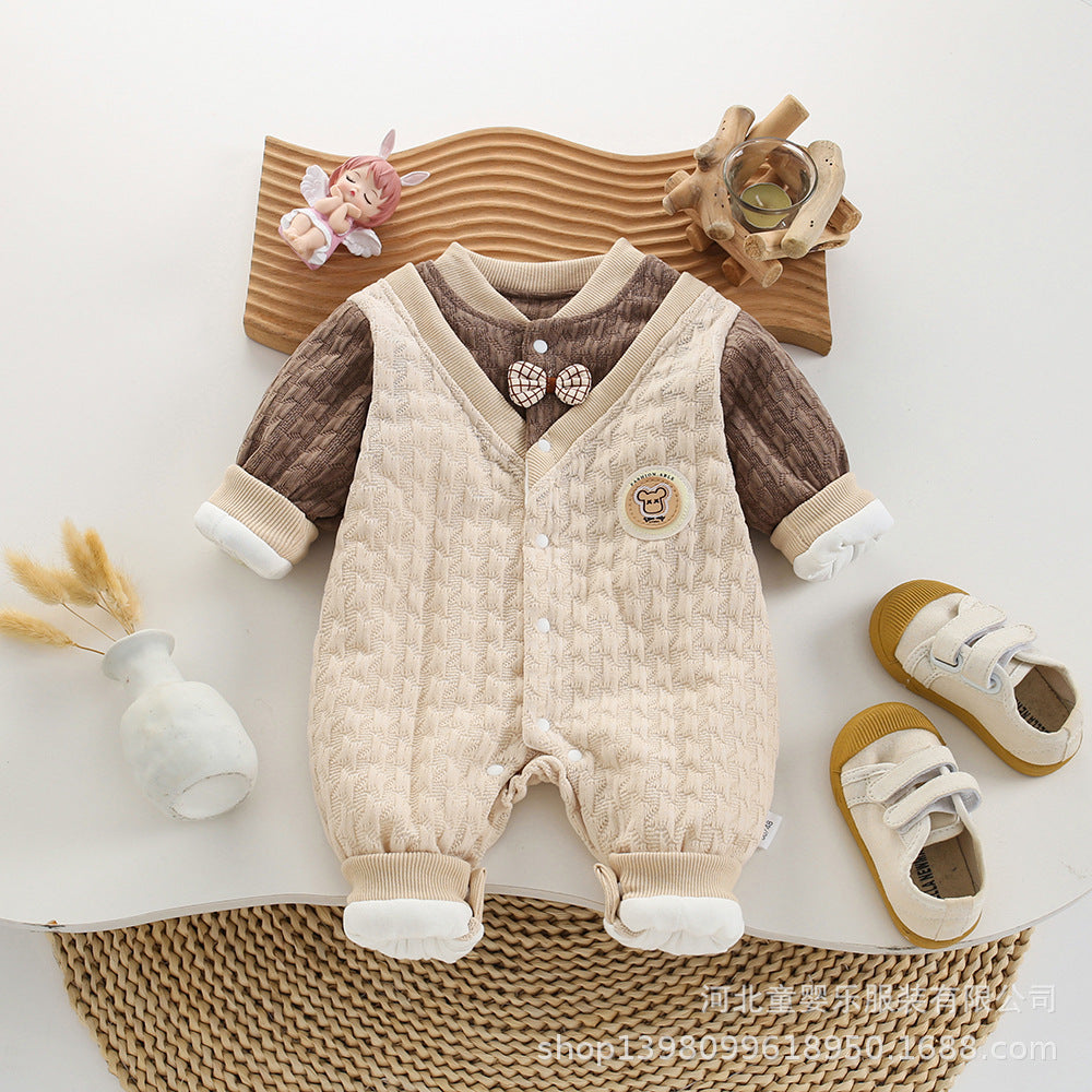 Newborn baby autumn/winter romper, full month baby lightweight cotton outfit, gentleman style korean fake two-piece lightweight cotton for baby boys