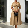 D639 european and american cross-border foreign trade  new lapel short-sleeved high waist lapel large swing mid-length foreign trade dress
