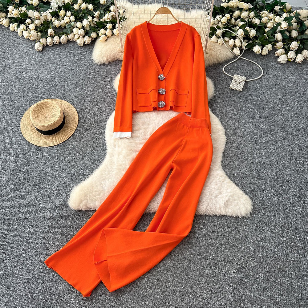 Premium heavy-duty metal buckle v-neck long sleeve knit top for women,  autumn/winter high-waisted slimming casual wide-leg pants