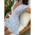 Women's summer new fashion elegant plaid v-neck ruffle hem button-decorated cinched waist mini dress