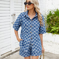 Fashion cross-border women's summer new arrival  thin washed casualloose denim plaid shirt short-sleeved suit
