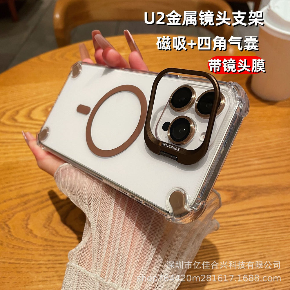 Suitable for apple 17pro metal lens holder magnetic phone case iphone14 four-corner airbag transparent hard case