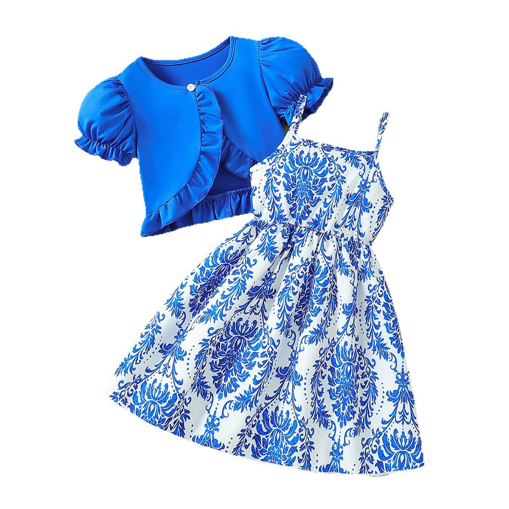 Girls' foreign trade dress set: blue lantern sleeve jacket & paisley print sundress - summer outfit for kids