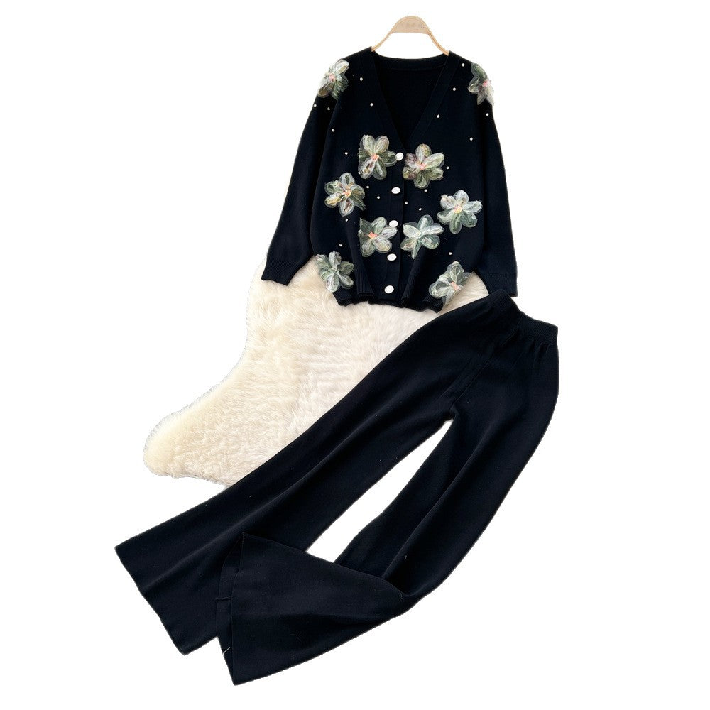 Trendy and chic heavy beaded 3d floral long sleeve knit top and high-waisted casual sweater pants two-piece set for women