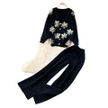 Trendy and chic heavy beaded 3d floral long sleeve knit top and high-waisted casual sweater pants two-piece set for women