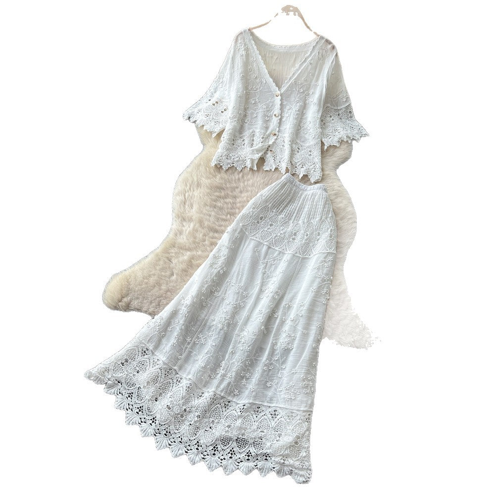 French riviera v-neck lace top & high-waisted midi skirt set - effortless summer chic