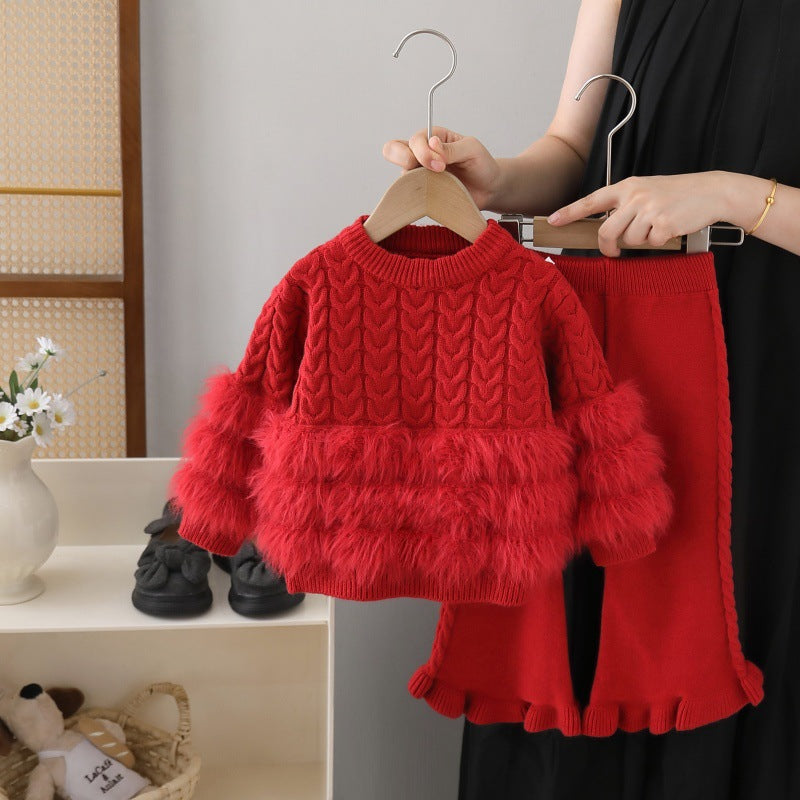 Girls' faux mink two-piece sweater set -  autumn/winter new collection - baby girl crewneck sweater and pants outfit