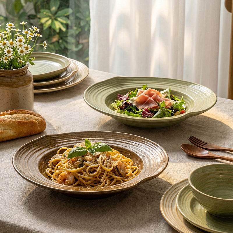 Spiral pattern rustic ceramic soup plate, vintage high-end ceramic salad plate, home restaurant food presentation deep dish pasta plate