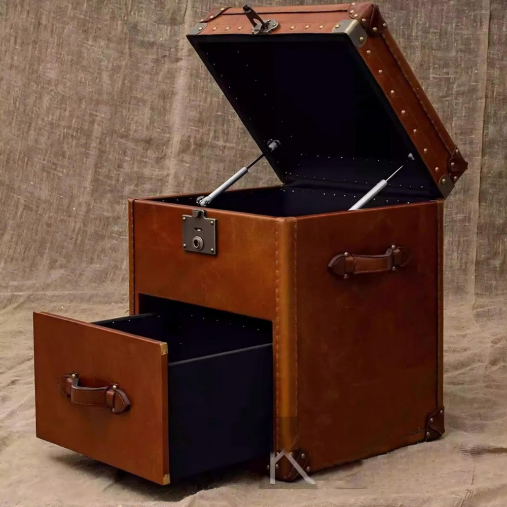 Second-hand style retro oil wax leather suitcase coffee table table old-fashioned creative genuine leather side table corner bedside table storage cabinet