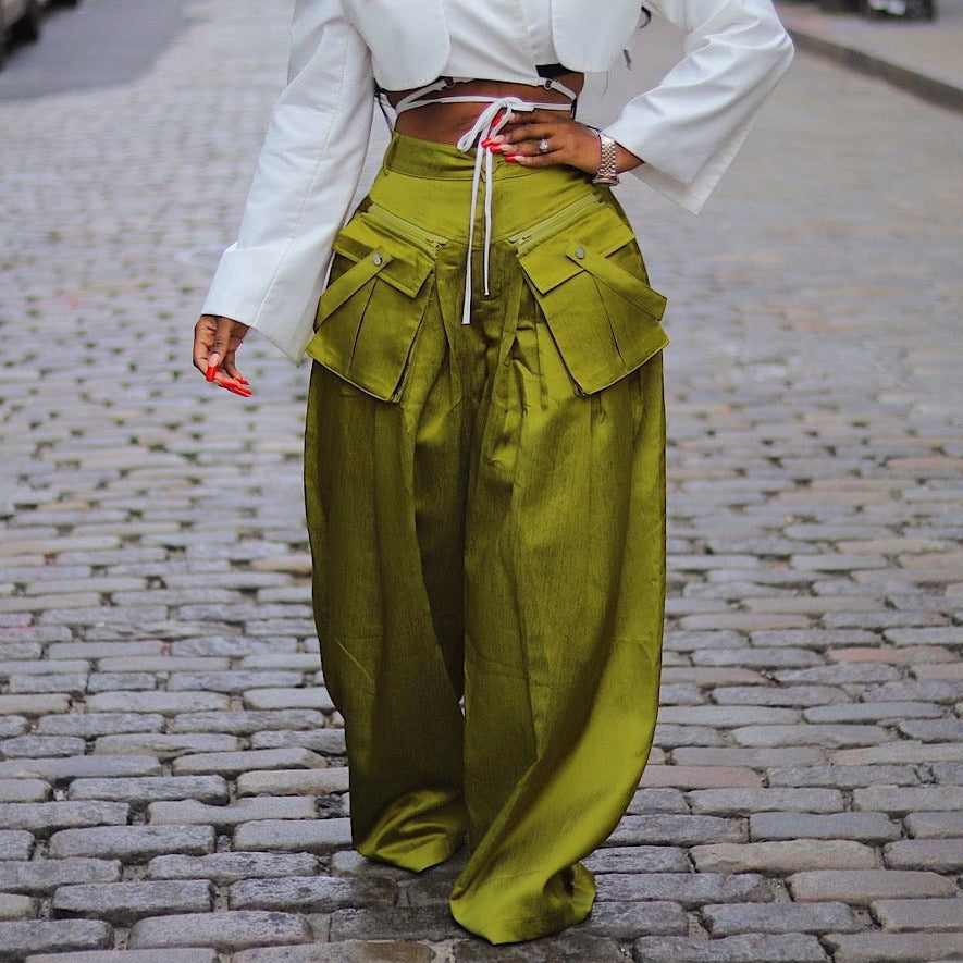 spring/summer new fashion women's casual wide-leg pants with detachable 3d pockets - instagram style