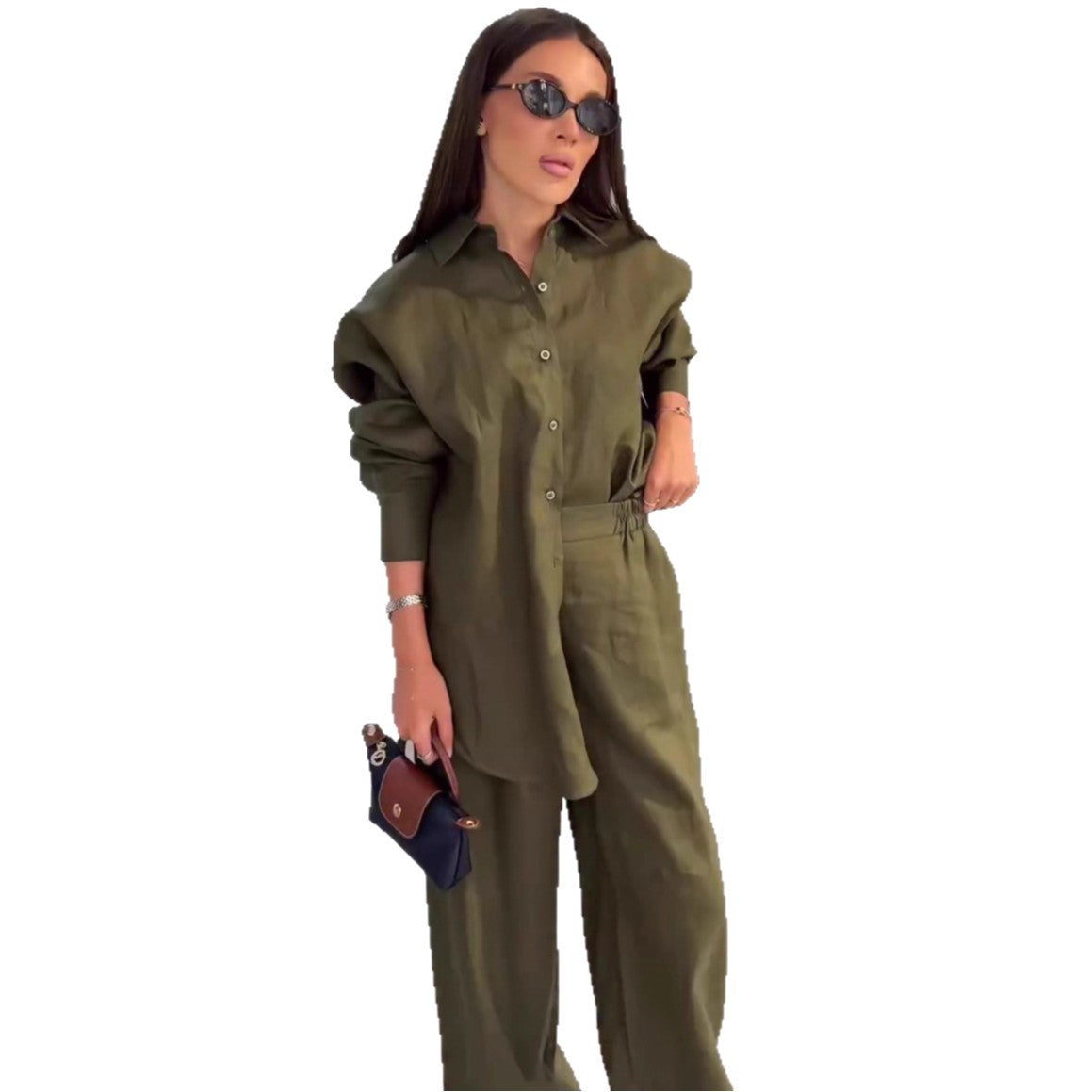 Cross-border European and American solid color long-sleeved cardigan shirt set women's  foreign style fashion women's casual trousers two-piece set