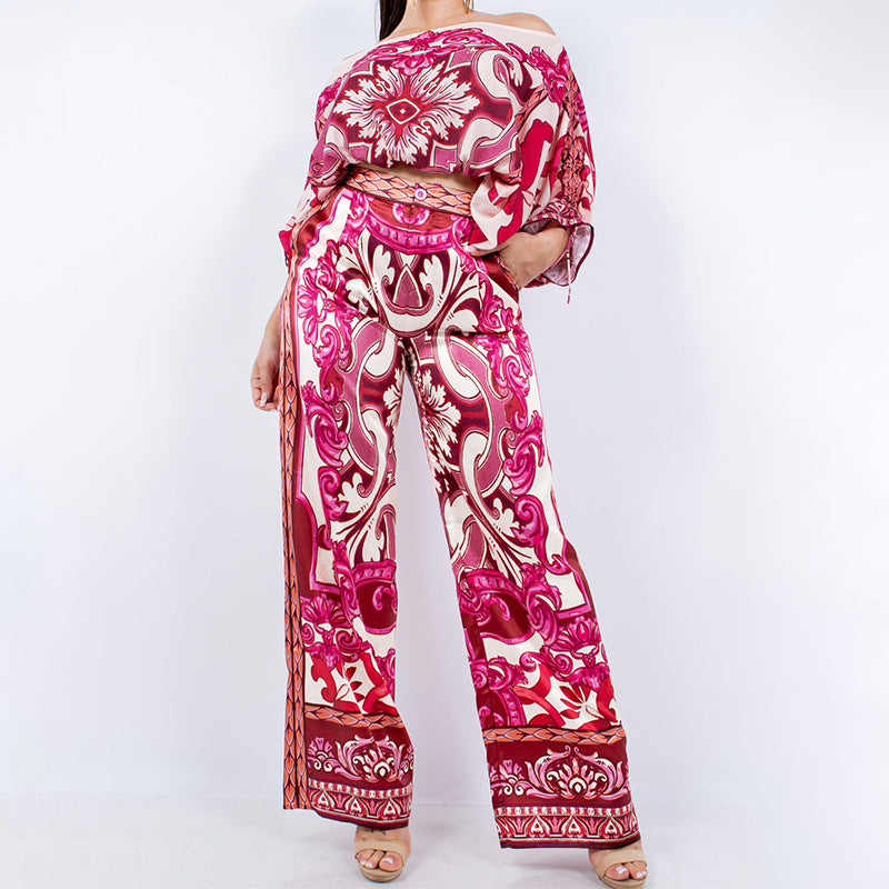 summer new women's clothing: cross-border european and american hot seller - color block retro print off-the-shoulder wide-leg pant set
