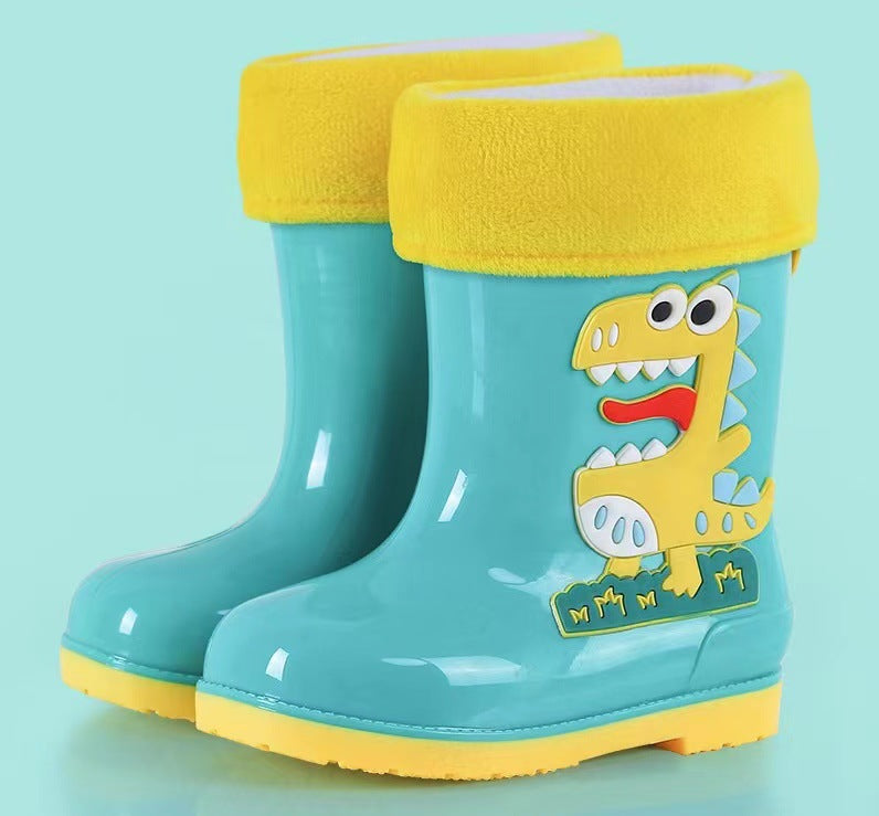 Kids' mid-calf waterproof rain boots - new fashionable styles for boys and girls - non-slip, fleece-lined baby rain boots - dinosaur designs available