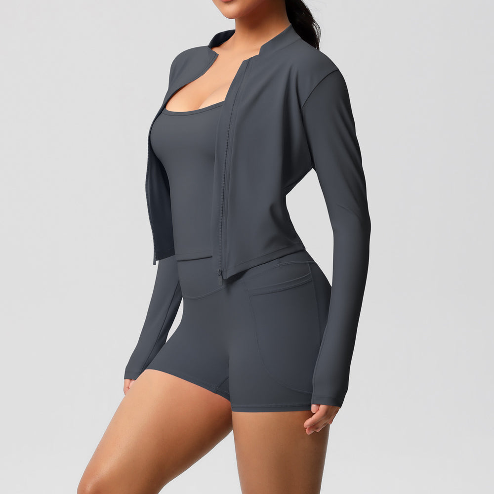 new nude feel tank top outdoor casual compression fitness set with pocket shorts and yoga outfit - 3 piece sports set
