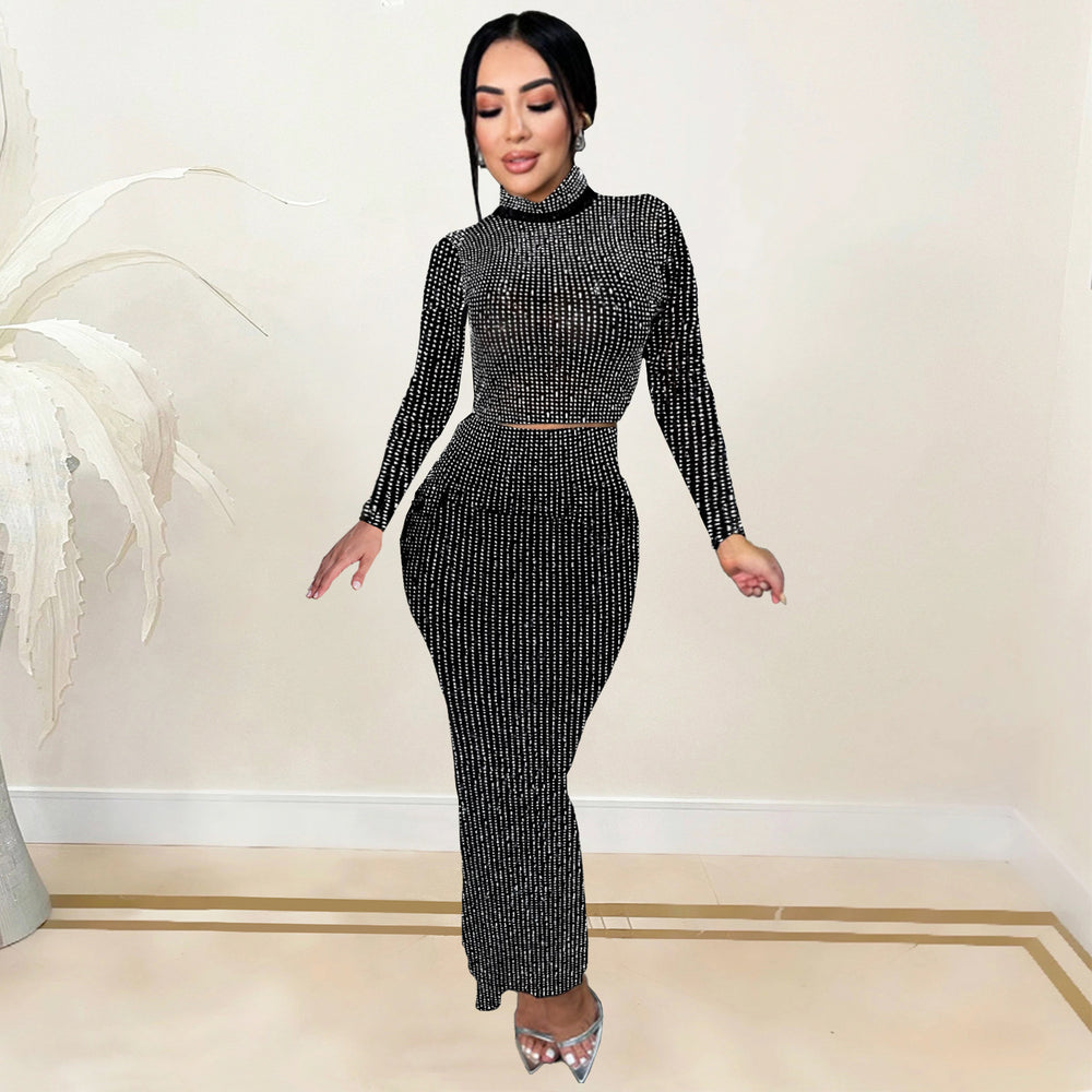C7093 cross-border   fashion women's hot diamond slimming bag arm long sleeves two-piece skirt new