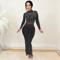 C7093 cross-border   fashion women's hot diamond slimming bag arm long sleeves two-piece skirt new