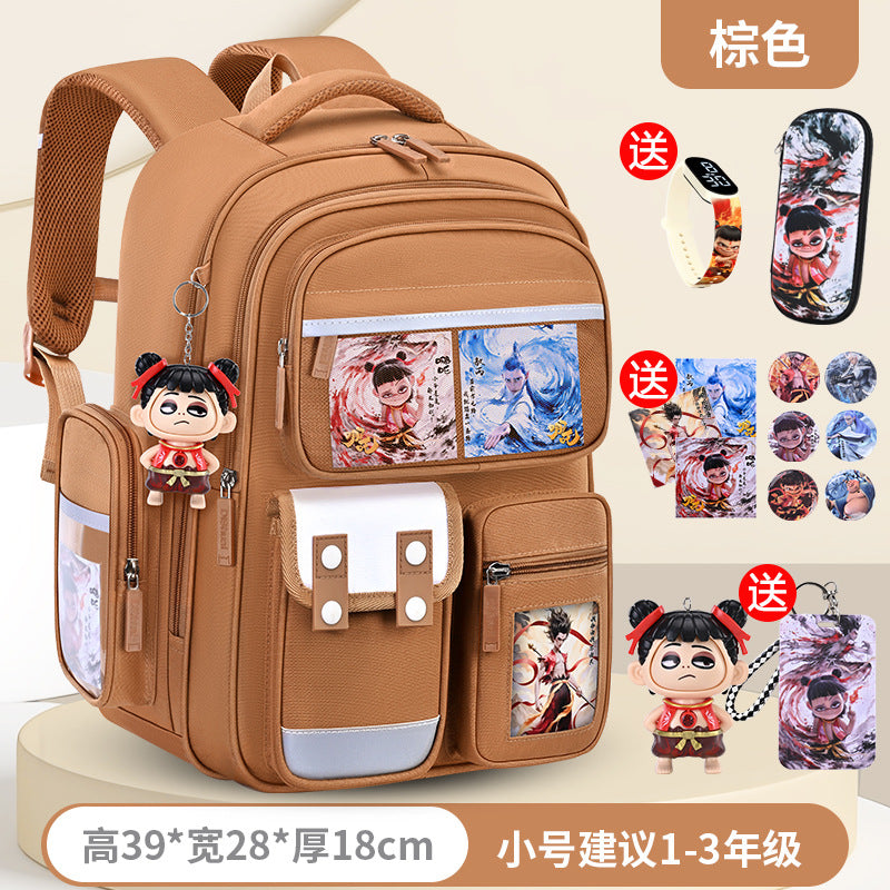 New nezha backpack for boys and girls, grades 1-6: spine protection, lightweight design, and extra-large capacity