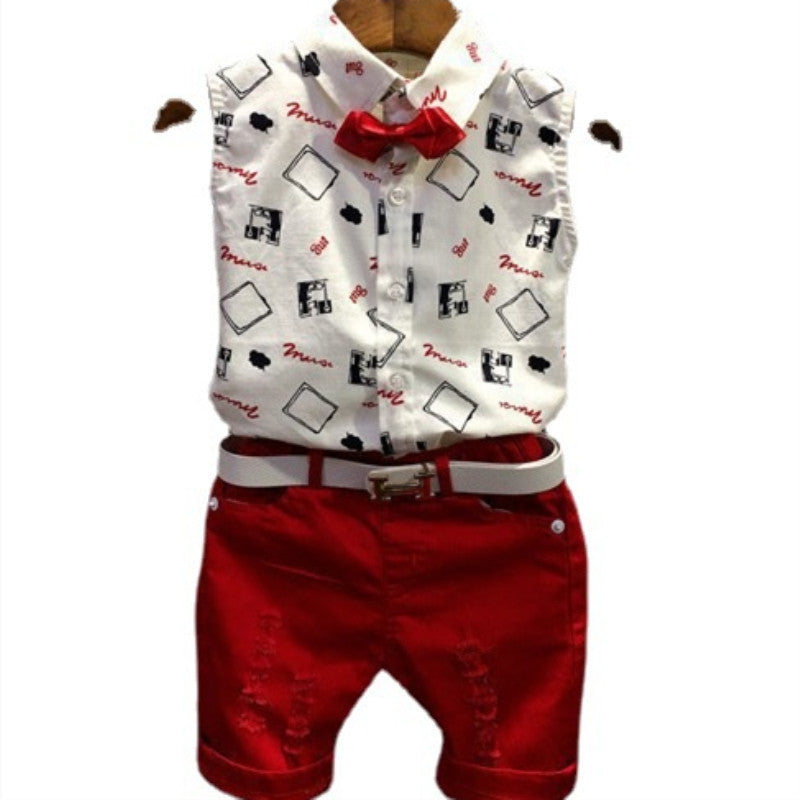summer new arrival: gentleman's bow tie geometric print sleeveless linen shirt top + distressed shorts set