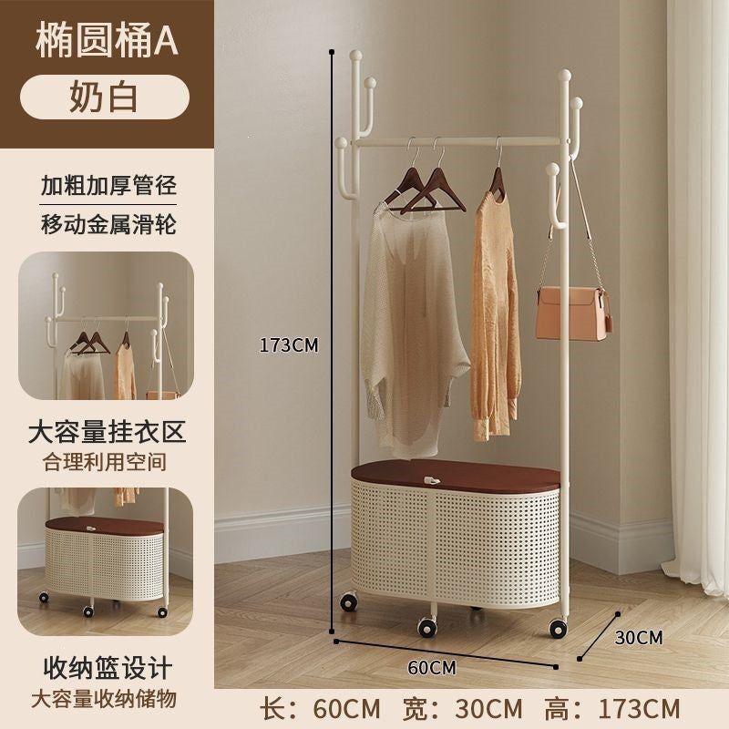 Bedroom floor-standing secondary net clothes hanger, small clothes hanger with dirty clothes basket, movable coat rack, round frame black