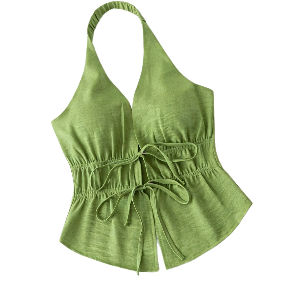 Fashion cross-border exclusive holiday style halter vest frenchretro drawstring waist backlesspure colortopsbackless