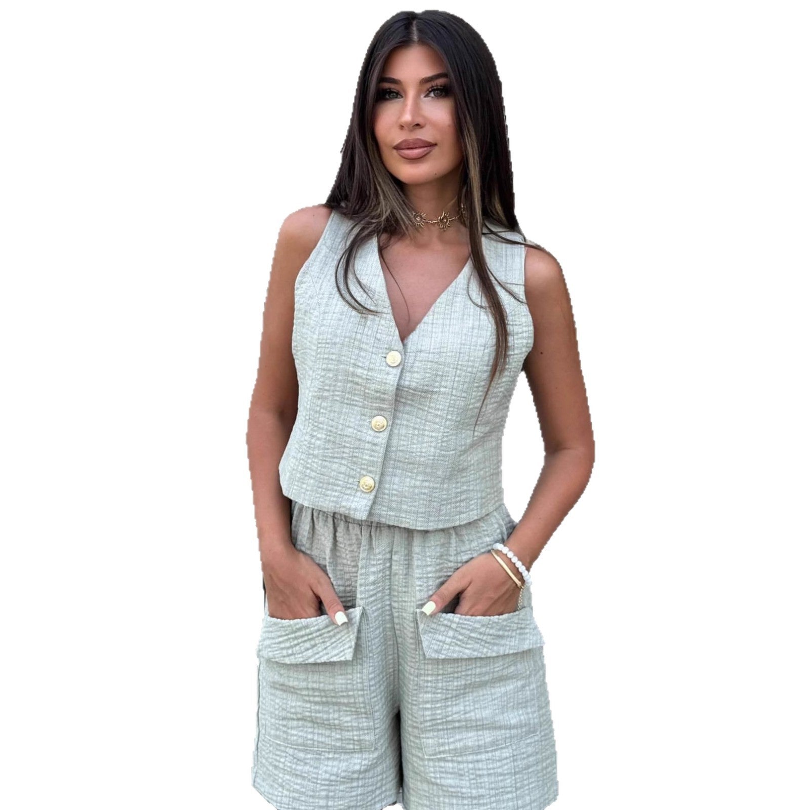 Cross-border European and American high-end sleeveless cardigan vest top temperament thin shorts women's  new two-piece set