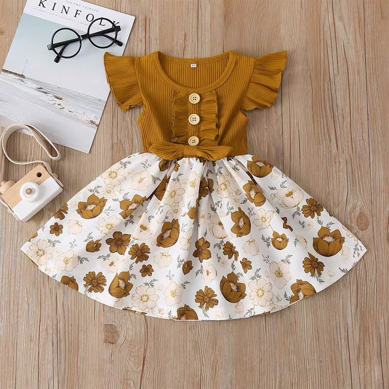summer cross-border children's wear: new girls' bowknot patchwork floral print dress with mesh skirt
