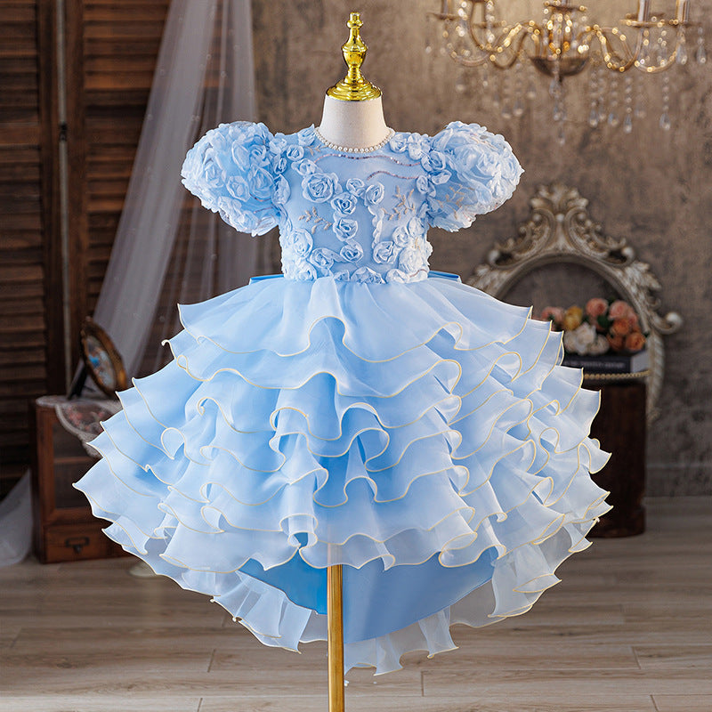 European and american style girls' bubble sleeve dress with 3d floral appliques, tiered cake skirt, and train - ready to ship