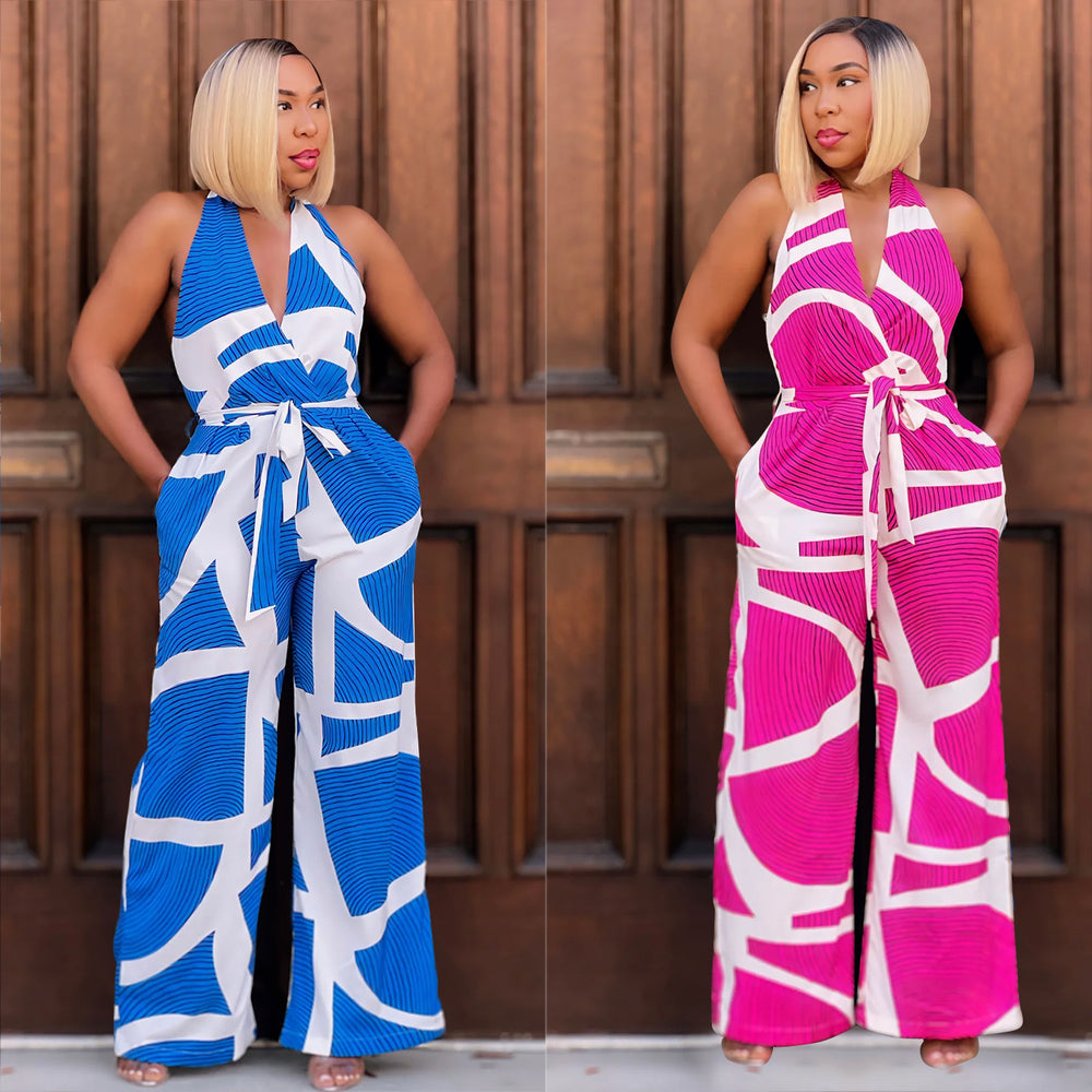 C6985 cross-border   independent station fashionfashion women's exquisite printing sleeveless v neck jumpsuit
