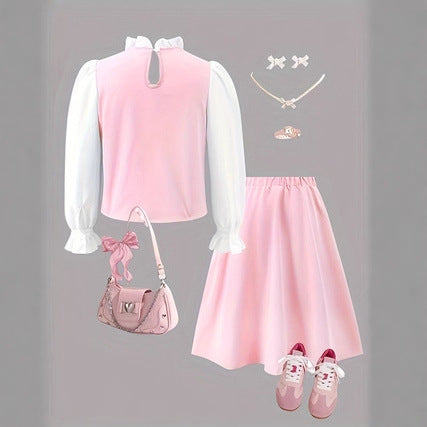 Girls' fashionable and elegant sweet ruffle design faux two-piece button-down shirt + matching skirt two-piece set