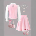 Girls' fashionable and elegant sweet ruffle design faux two-piece button-down shirt + matching skirt two-piece set