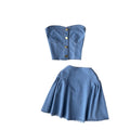 Sweet and edgy girl's summer outfit: cropped denim tube top and high-waisted a-line skirt set