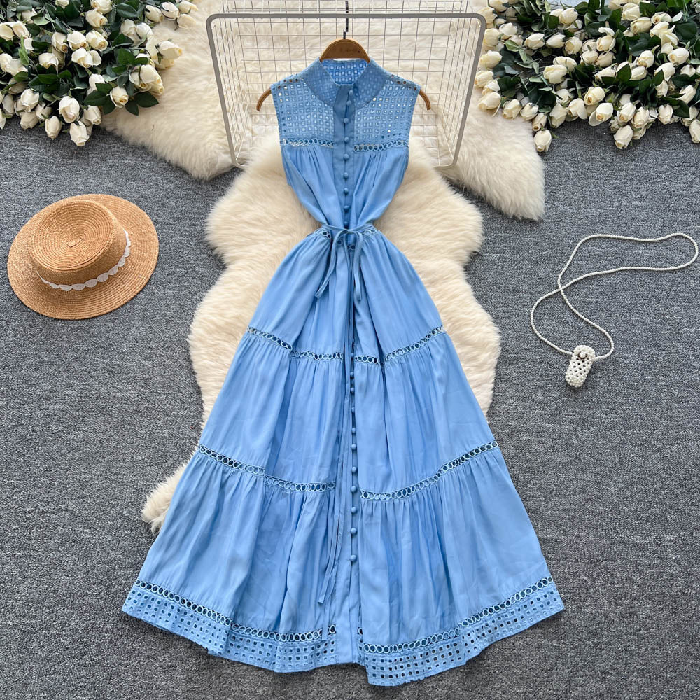 Frenchclassy sense of strap waist sleeveless cut outembroider waist dress female summerslimming lookelegant long skirt