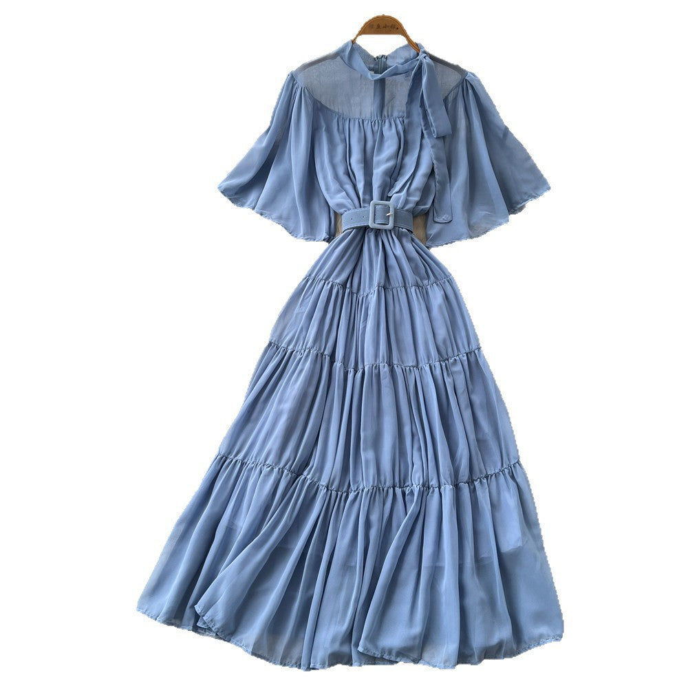 French court style lantern sleeve tiered dress - women's summer tie-waist a-line maxi dress - slimming & elegant