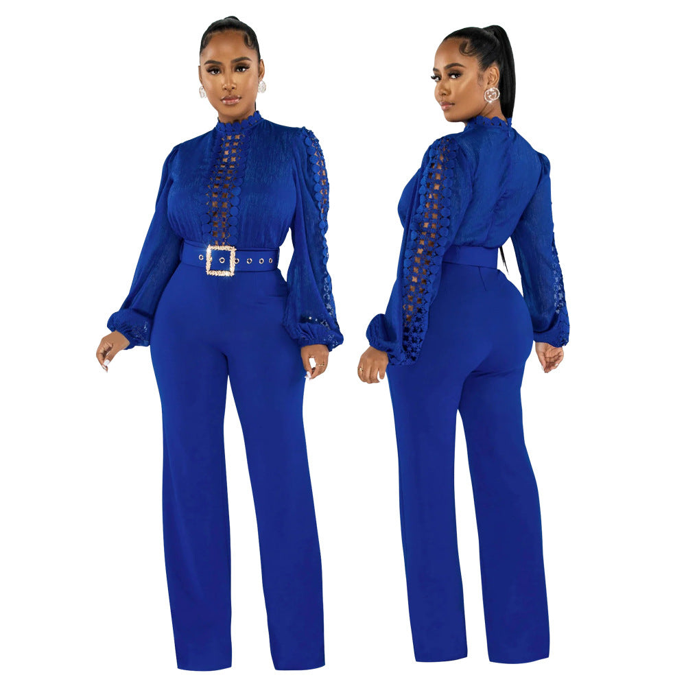 CY900533 European and American wish party style turtleneck hollow, perspective long-sleeved top, fashionable loose jumpsuit women