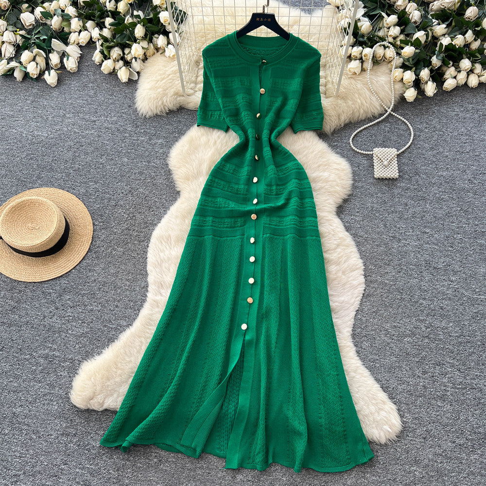 exportelegance style pure color single breasted knittingdress women's summerk-style silm slit long skirt dres