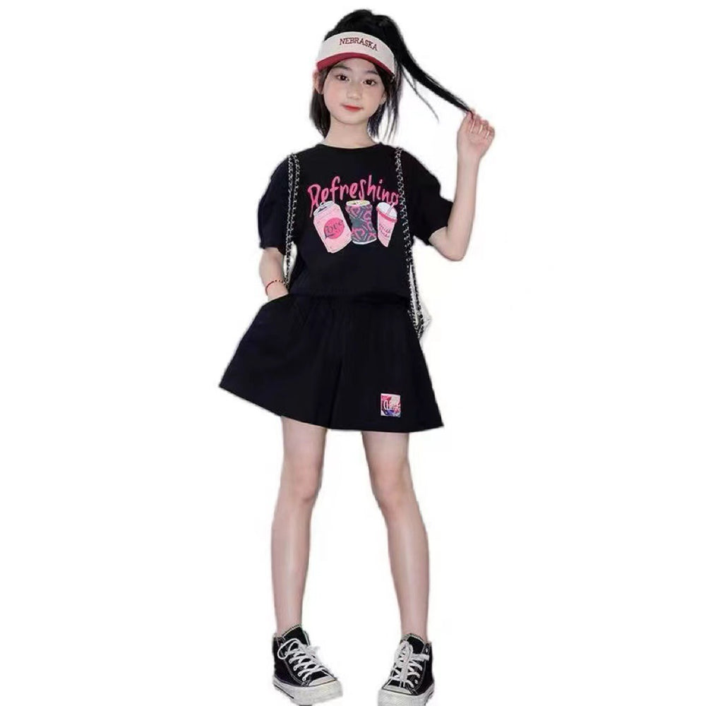 Girls' preppy style outfit, kids'  summer collection, short-sleeved chic spring/summer big girls' jk skirt two-piece trendy set