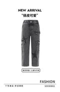 kidsjeansfashion style star printing large flap pocket pants gray girl loose pants cool children's clothing pants