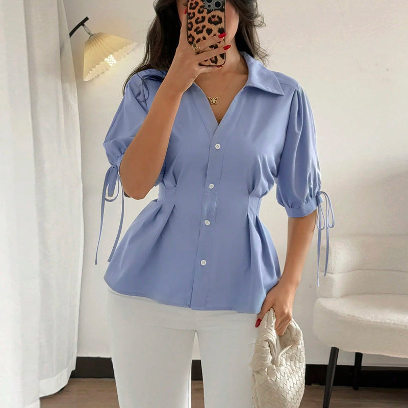 Cross-border ins  European and American solid color shirt half-sleeve drawstring 2025 independent station temperament waist cardigan shirt women
