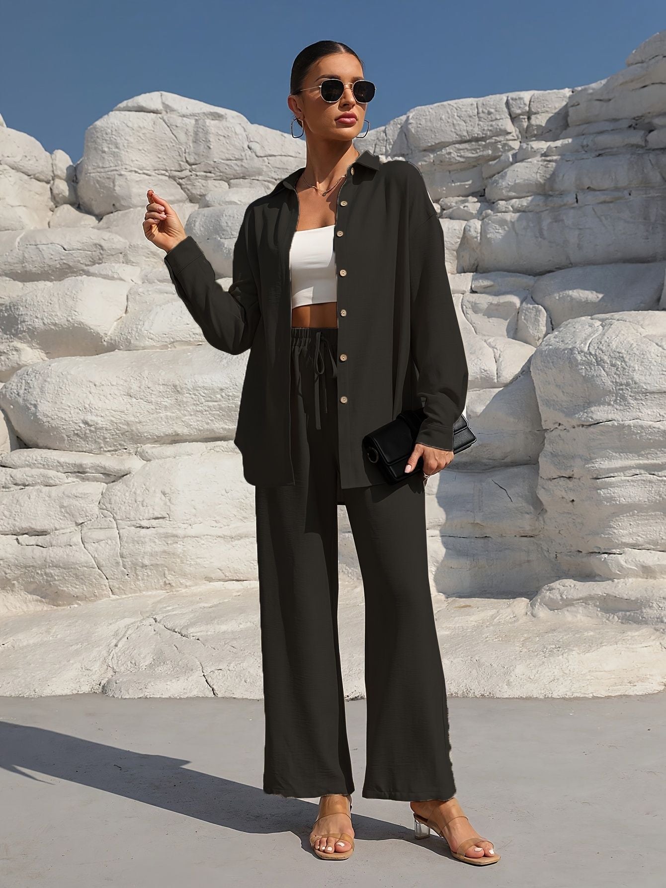 Europe and the United States  fashion spring and autumn style temperament large size women's long-sleeved cardigan two-piece set casual solid color set