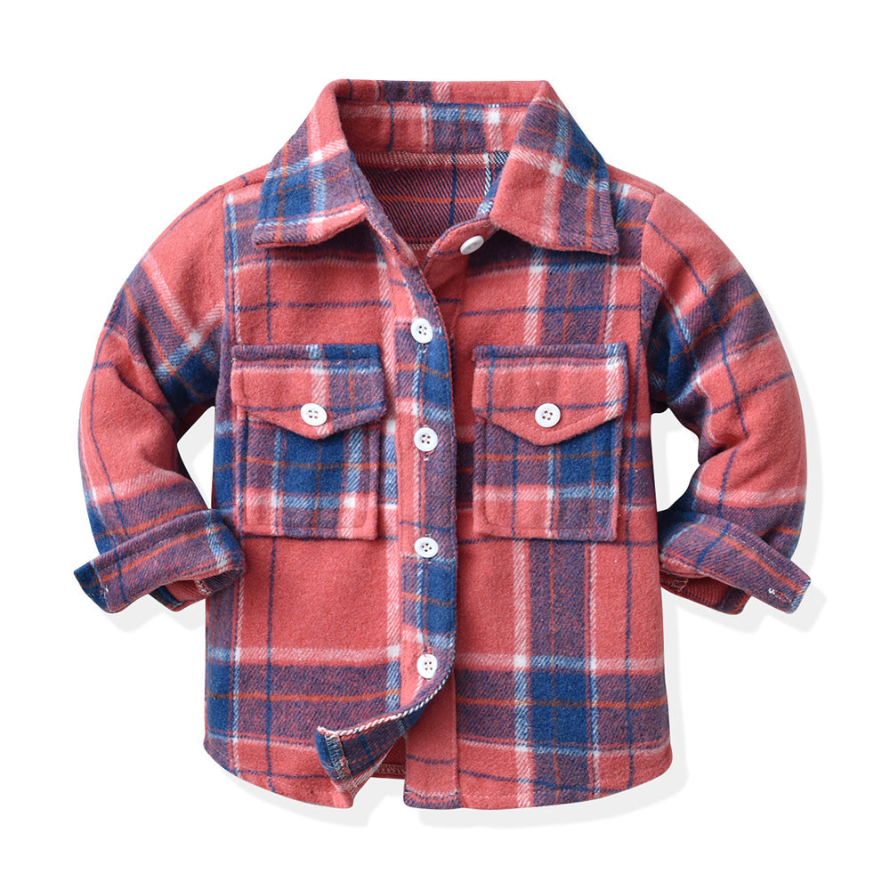Boys' long-sleeve shirt - autumn collection, new export style, winter brushed fabric, children's clothing, spring/autumn mid-to-large size plaid shirt top