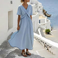 cross-border fashion: european & american summer new arrivals - women's stylish vacation v-neck short sleeve striped ruched maxi dress