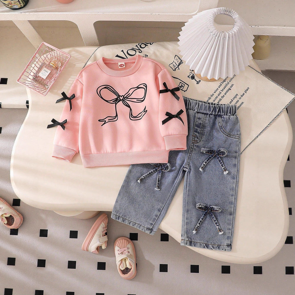 Casual bowknot embroidered black long-sleeve baby sweatshirt and jeans set - girls' two-piece outfit