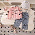 Casual bowknot embroidered black long-sleeve baby sweatshirt and jeans set - girls' two-piece outfit