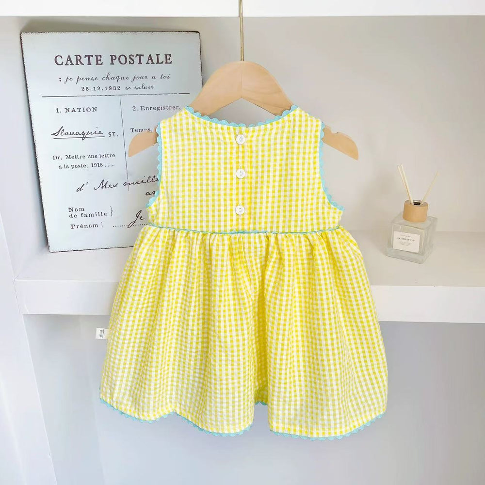 New summer korean style baby girl romper dress - cute cartoon design, wide shoulder, embroidered plaid romper dress for toddlers