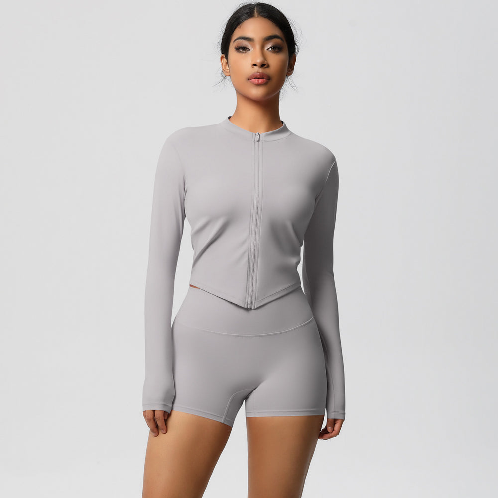 pure color brushed nylon nude zipper outwearlong sleeves yoga suit tight running sports fitness suit